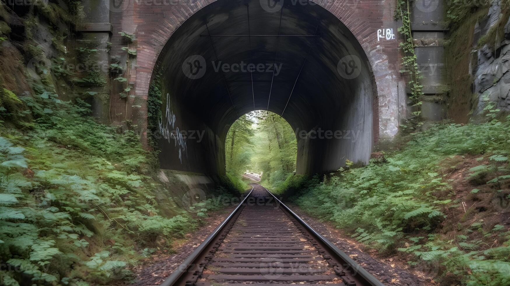 Eisenbahn Tunnel, Vorderseite Aussicht generativ ai foto