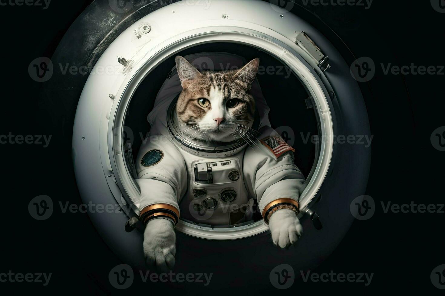 ai generiert neugierig Katze im ein Astronaut passen Schritte durch ein Portal, bereit zu erkunden das Galaxis. foto