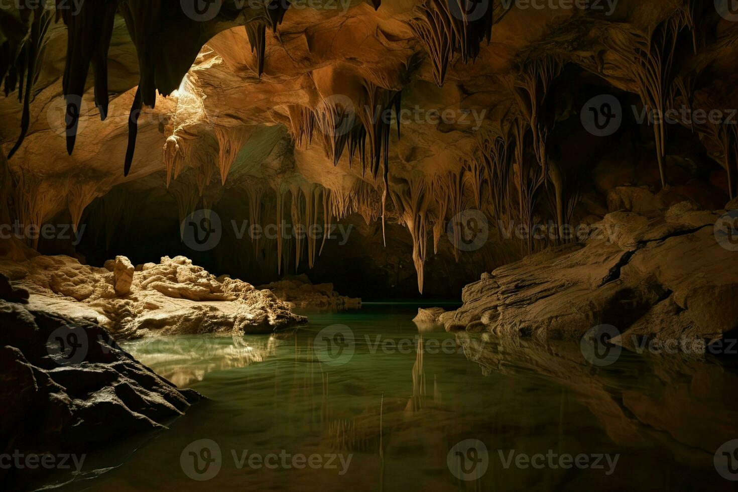ai generiert Netzwerk von unterirdisch Flüsse ist geflossen unter das Erde, Carving aus riesig unter Tage Höhlen gefüllt mit seltsam und wunderbar Kreaturen. foto