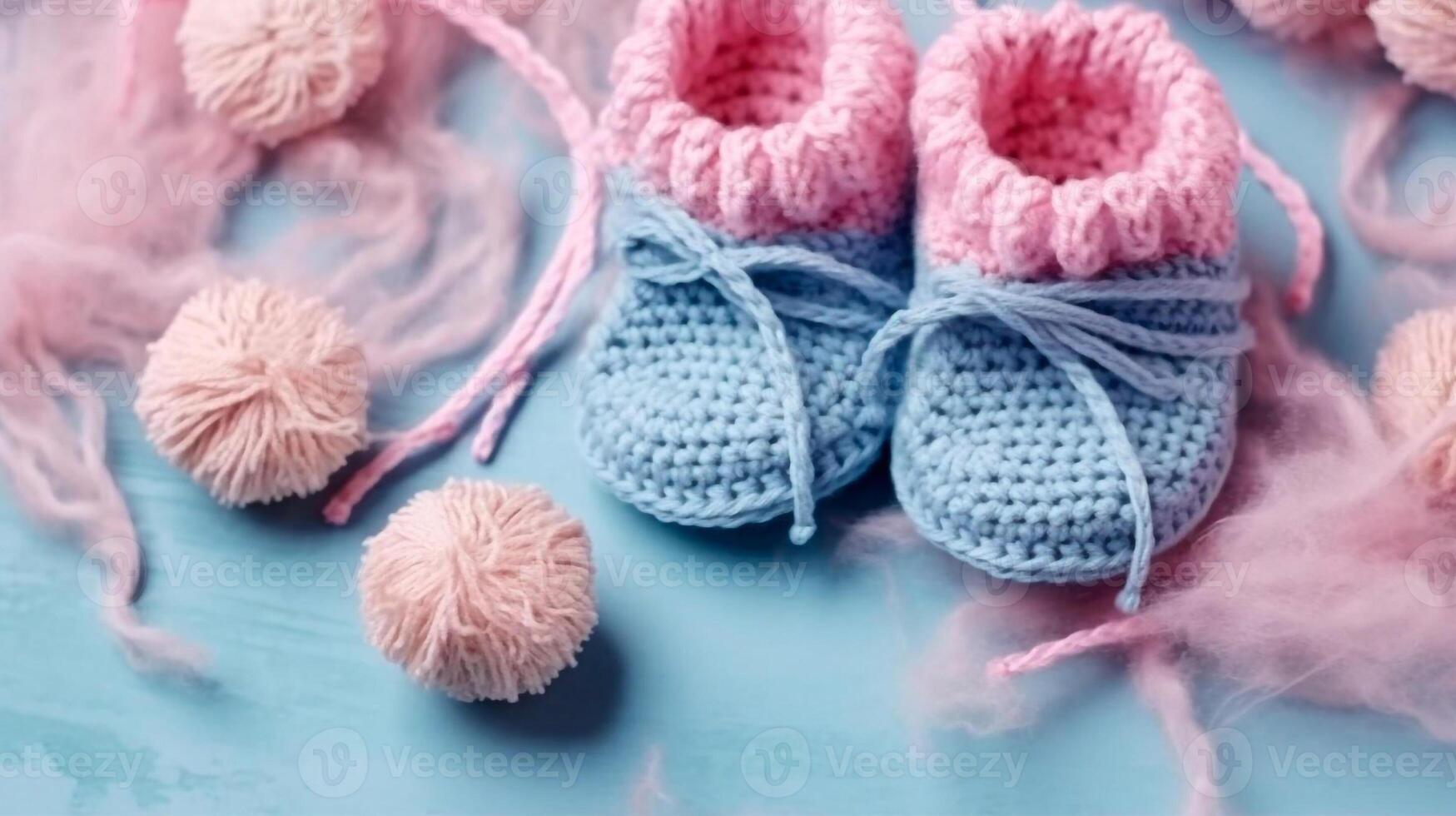 Stricken zum ein neugeboren, häkeln. Stiefeletten, oben Aussicht auf ein Sanft Rosa Blau Beige Hintergrund, Zärtlichkeit, Stricken Nadeln, wolle, Spitze Band, ai generiert foto