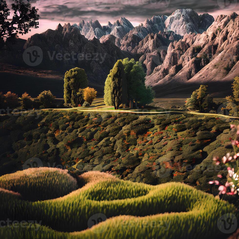 landwirtschaftlich Landschaft mit Blumen, Bäume, und Berge während Sonnenuntergang, betonen Naturen Ruhe und Schönheit, ai generiert foto