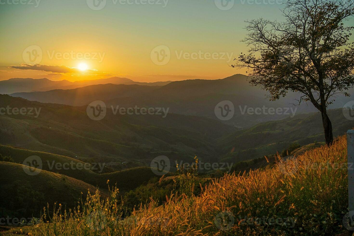 Sommer- Berge mit Sonnenuntergang Aussicht von Natur Cliff Berg. foto