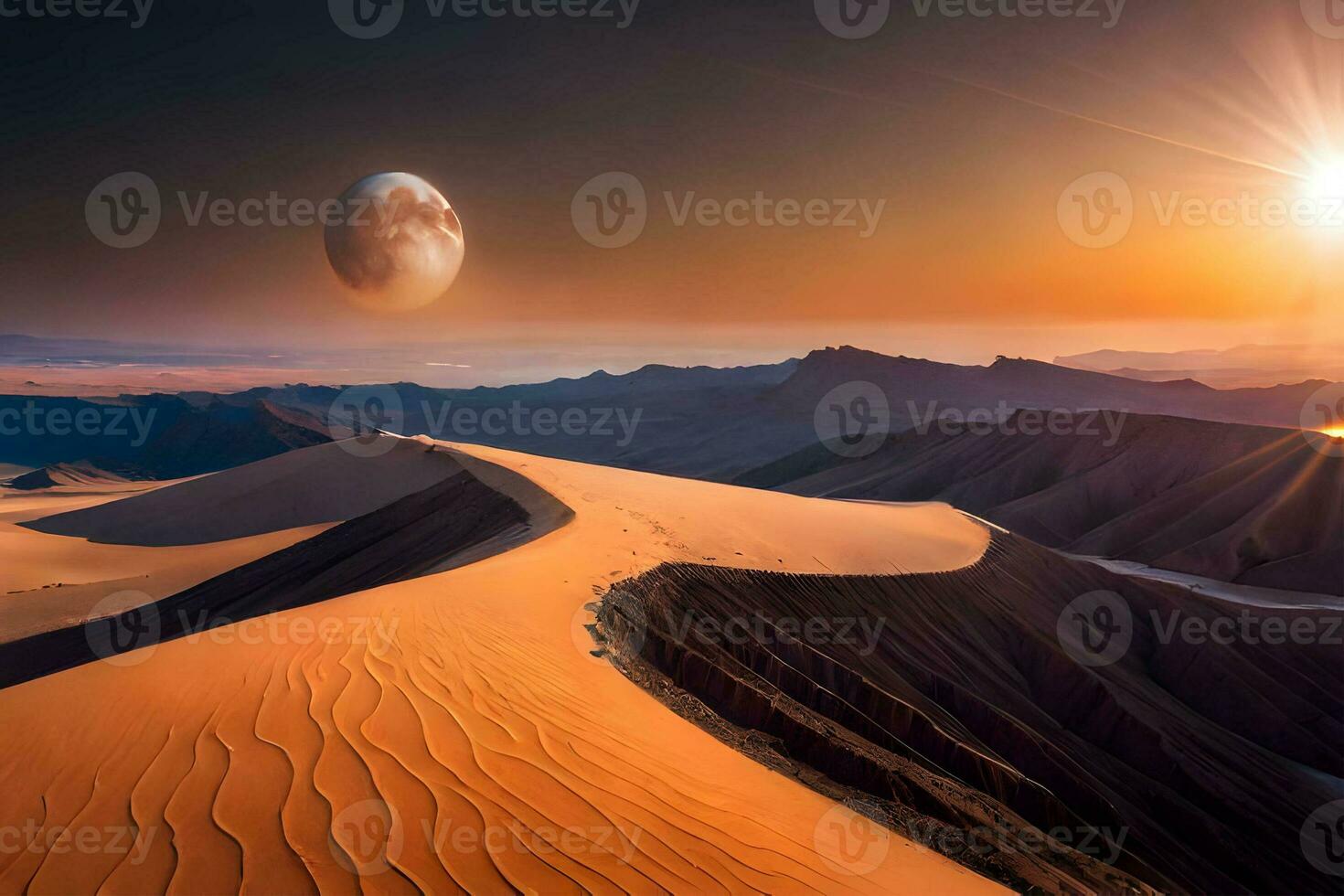 Mond Boden mit Sonnenuntergang Wüste. generativ ai. foto