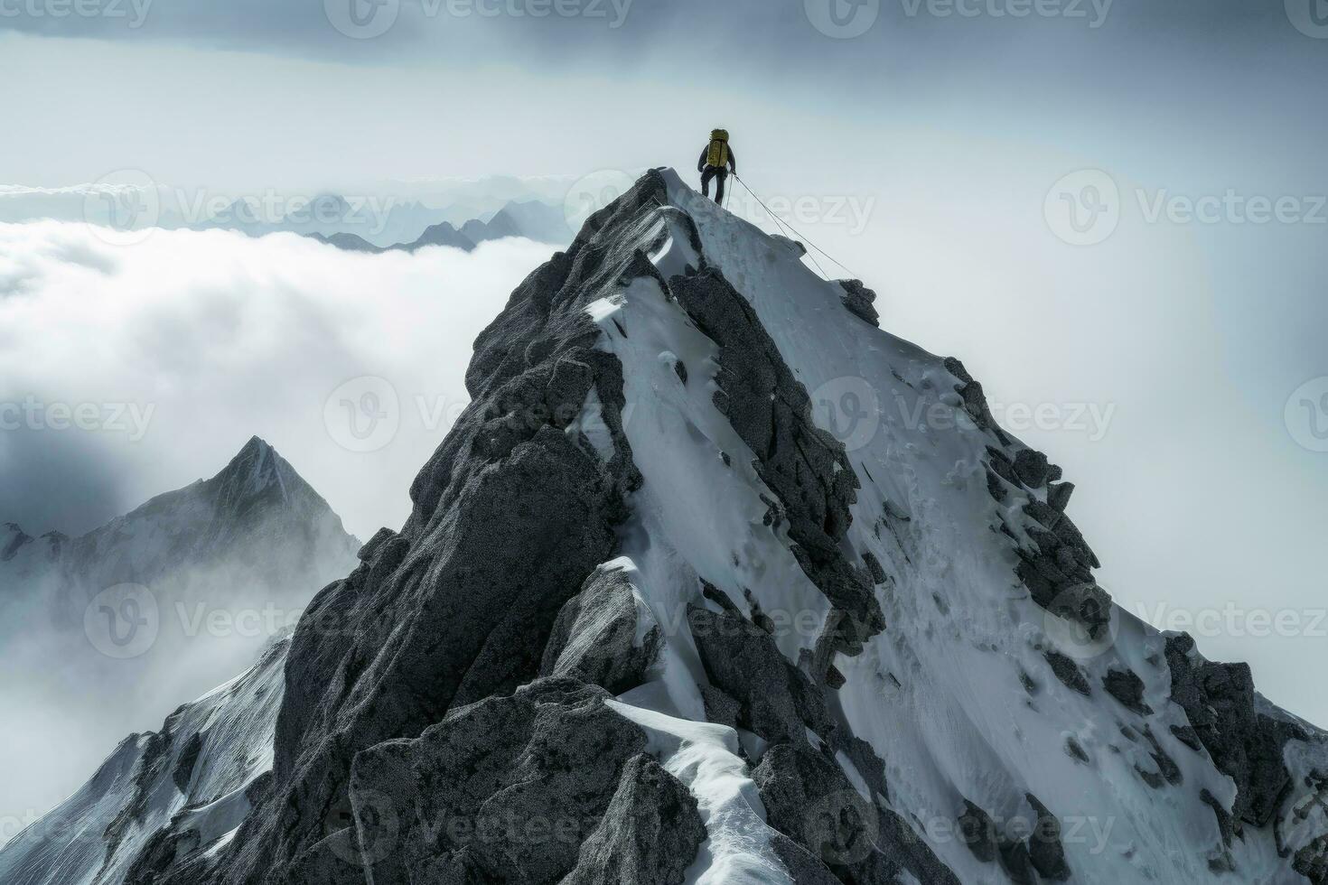 ein Single Bergsteiger auf das Weg zu das Gipfel erstellt mit generativ ai Technologie. foto
