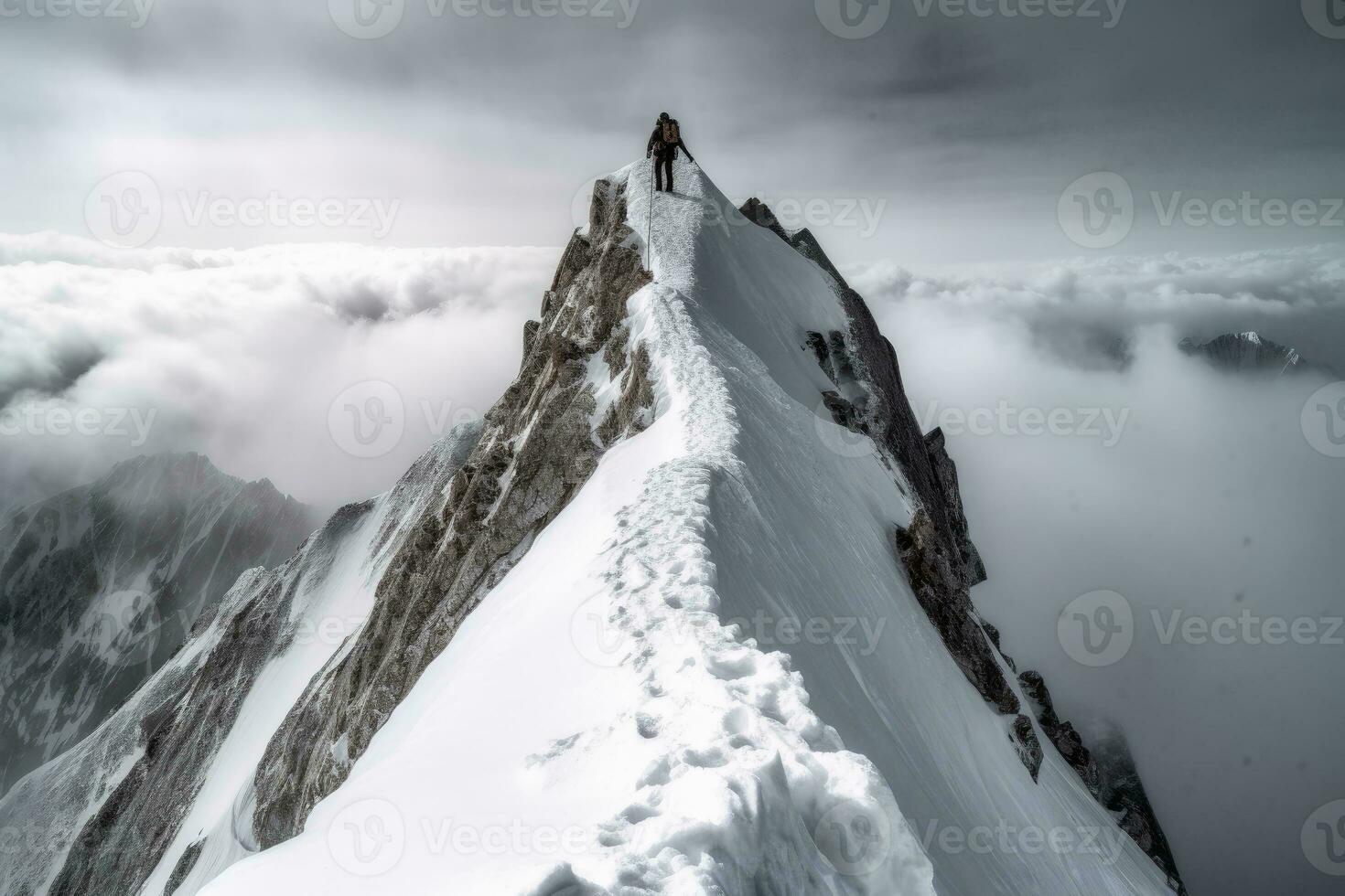 ein Single Bergsteiger auf das Weg zu das Gipfel erstellt mit generativ ai Technologie. foto