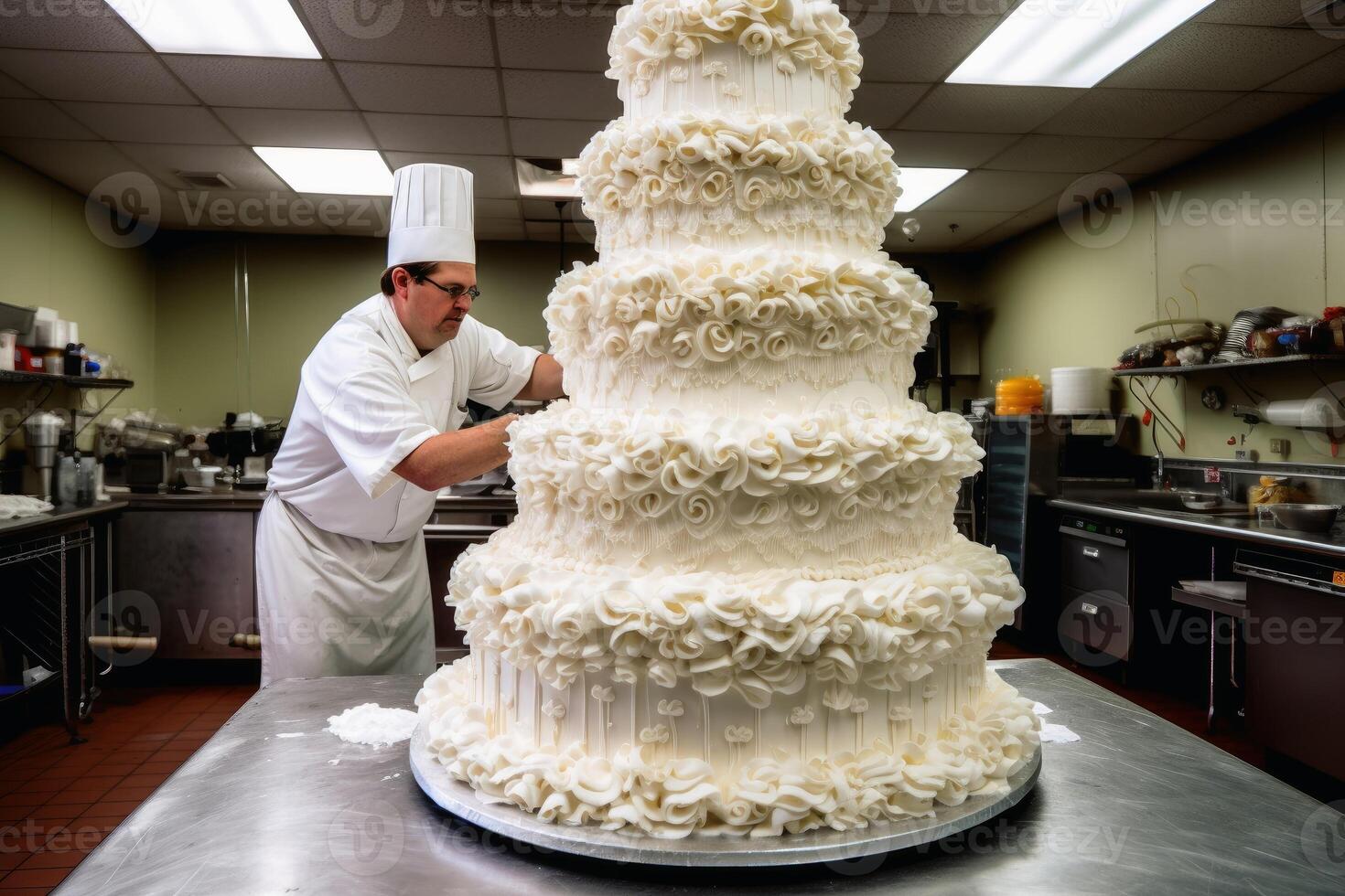 ein Gebäck Koch Herstellung ein enorm Hochzeit Kuchen. foto