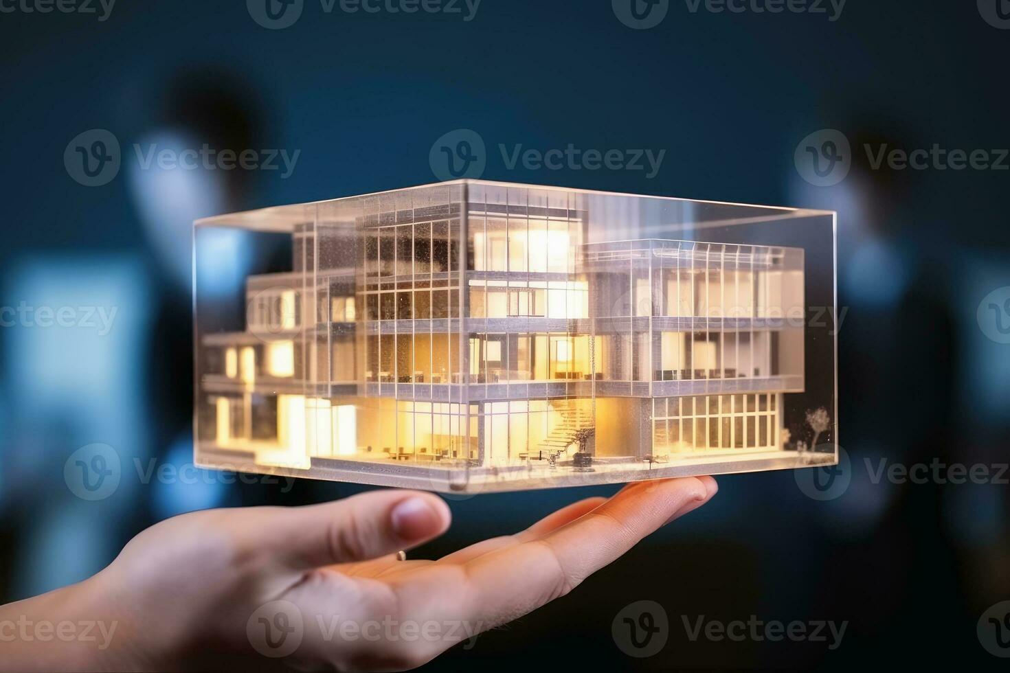 ein Architekt halten das Modell- von ein modern Gebäude erstellt mit generativ ai Technologie. foto