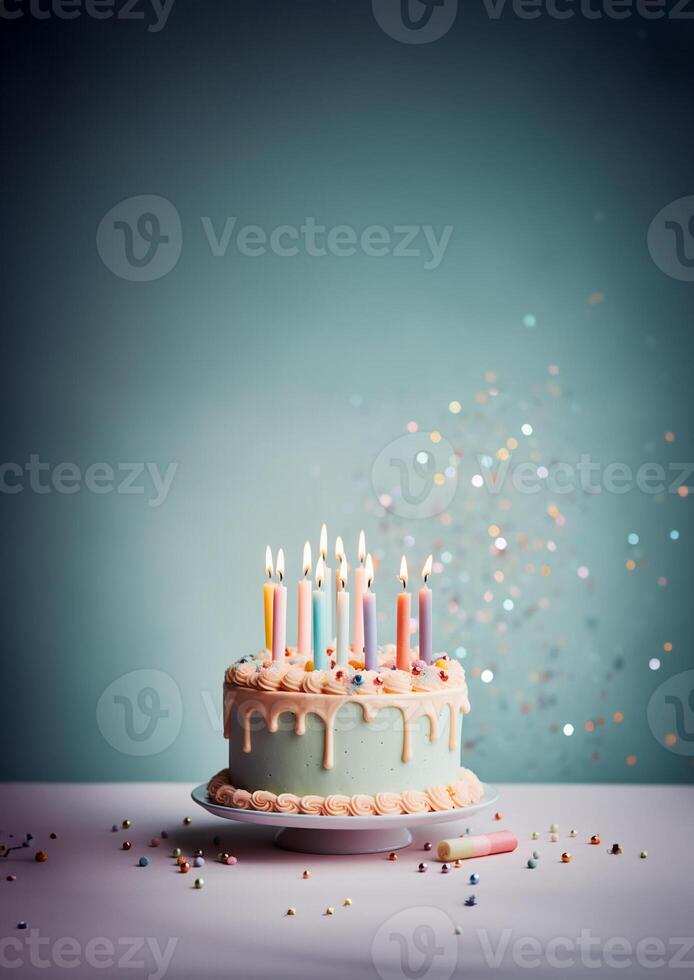 Geburtstag bunt Kuchen dekoriert mit Süßigkeiten, Geburtstag Kuchen mit Kerzen, generativ ai. foto