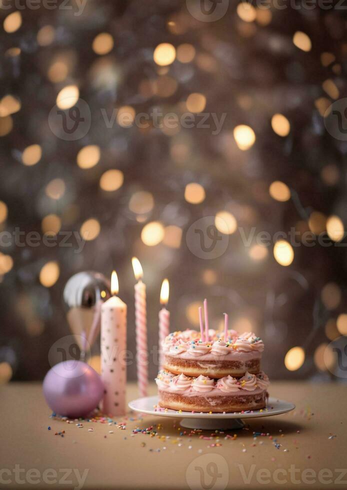 Geburtstag bunt Kuchen dekoriert mit Süßigkeiten, Geburtstag Kuchen mit Kerzen, generativ ai. foto