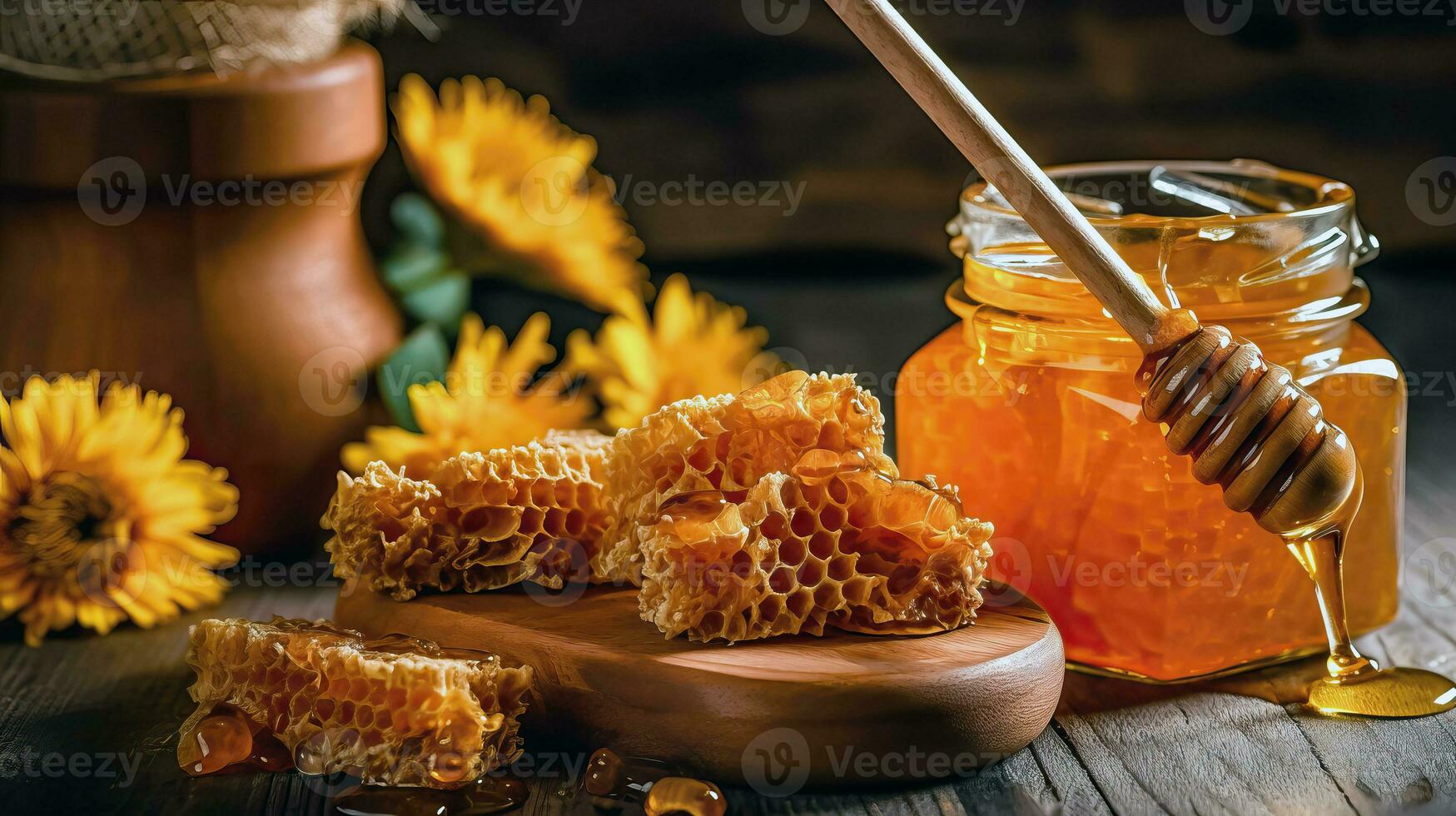 Blume und Honig immer noch Leben mit rustikal Utensilien - - generativ ai foto