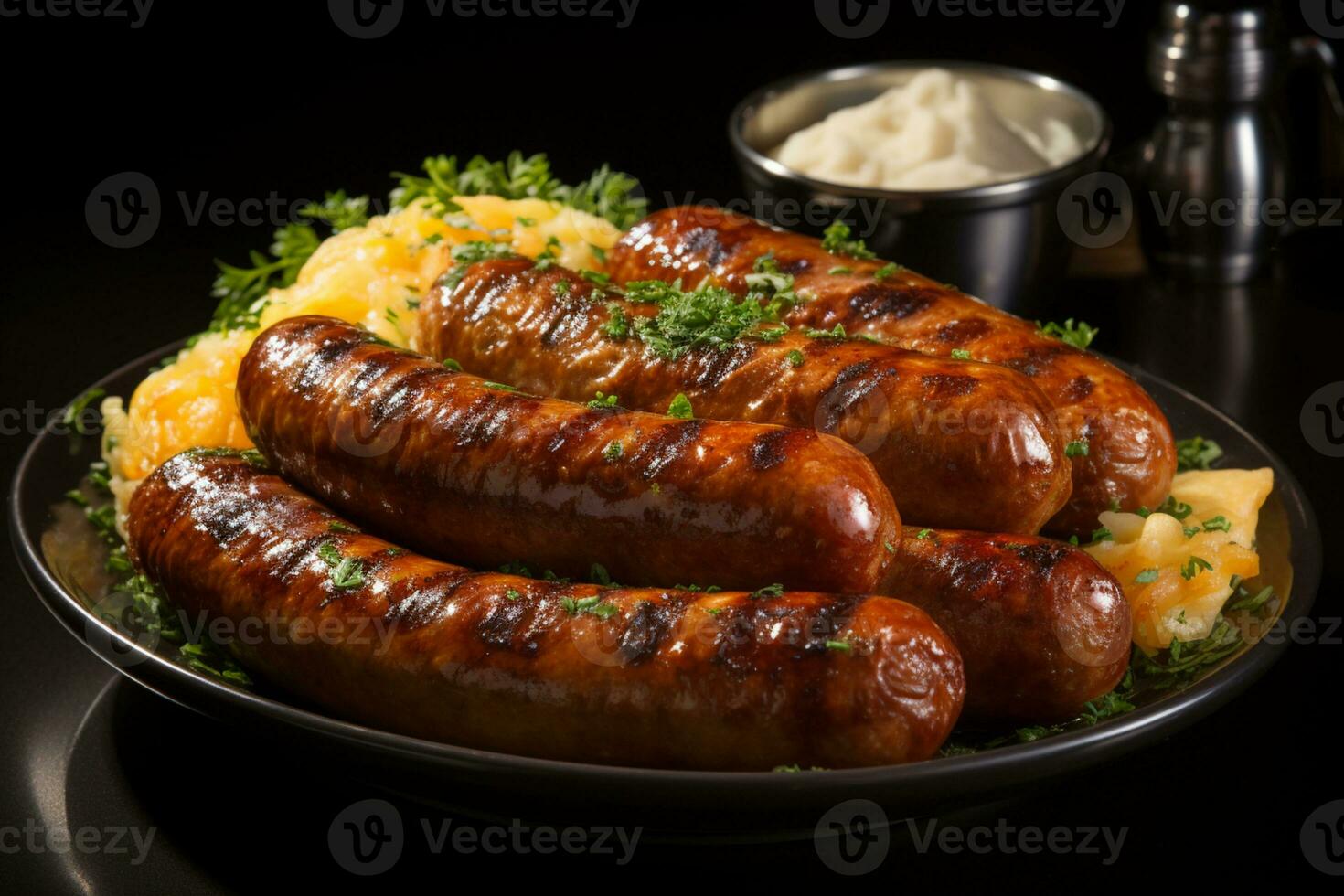 klassisch Deutsche Straße Essen, Bratwurst mit scharf Senf auf ein Teller ai generiert foto