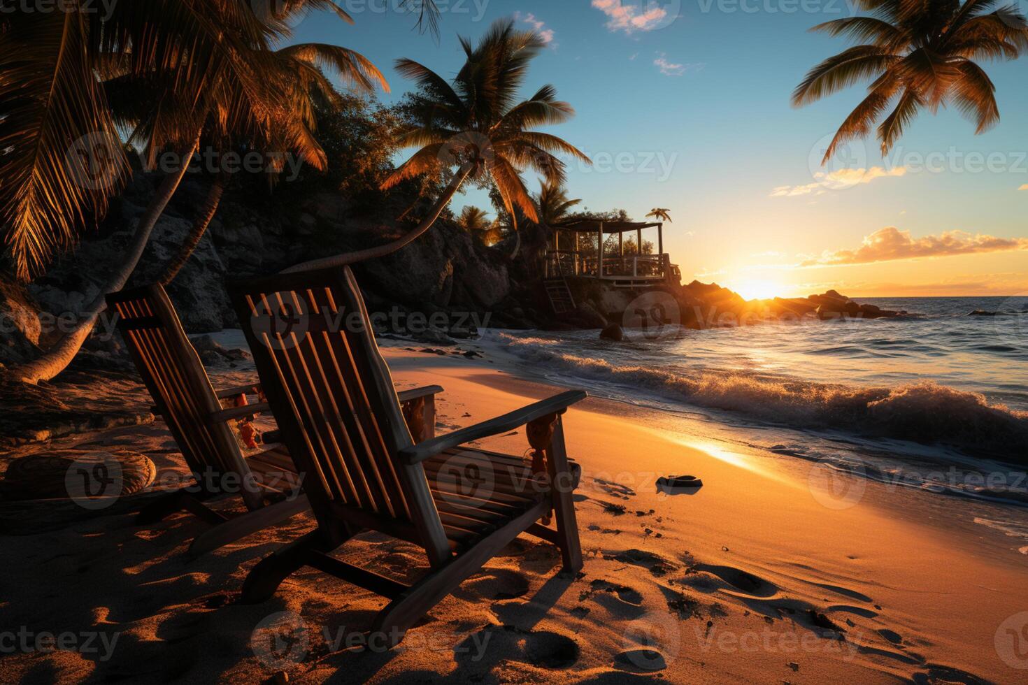 Luxus Strand Ferien Konzept, palmengesäumt Ufer, Liegen, und bunt Sonnenuntergang ai generiert foto