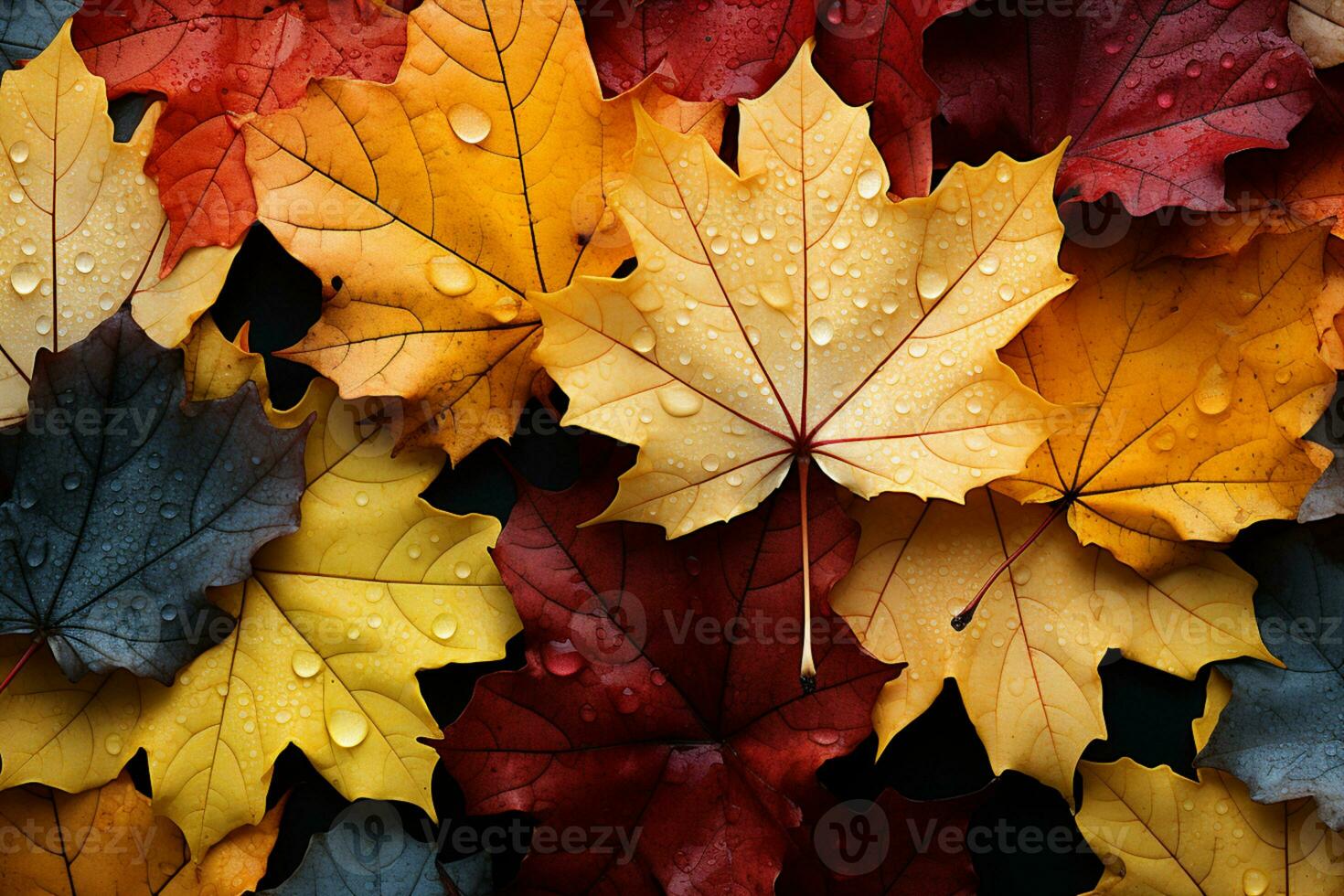 Herbst Palette auf Anzeige, Gelb und rot Ahorn Blätter sanft fallen ai generiert foto