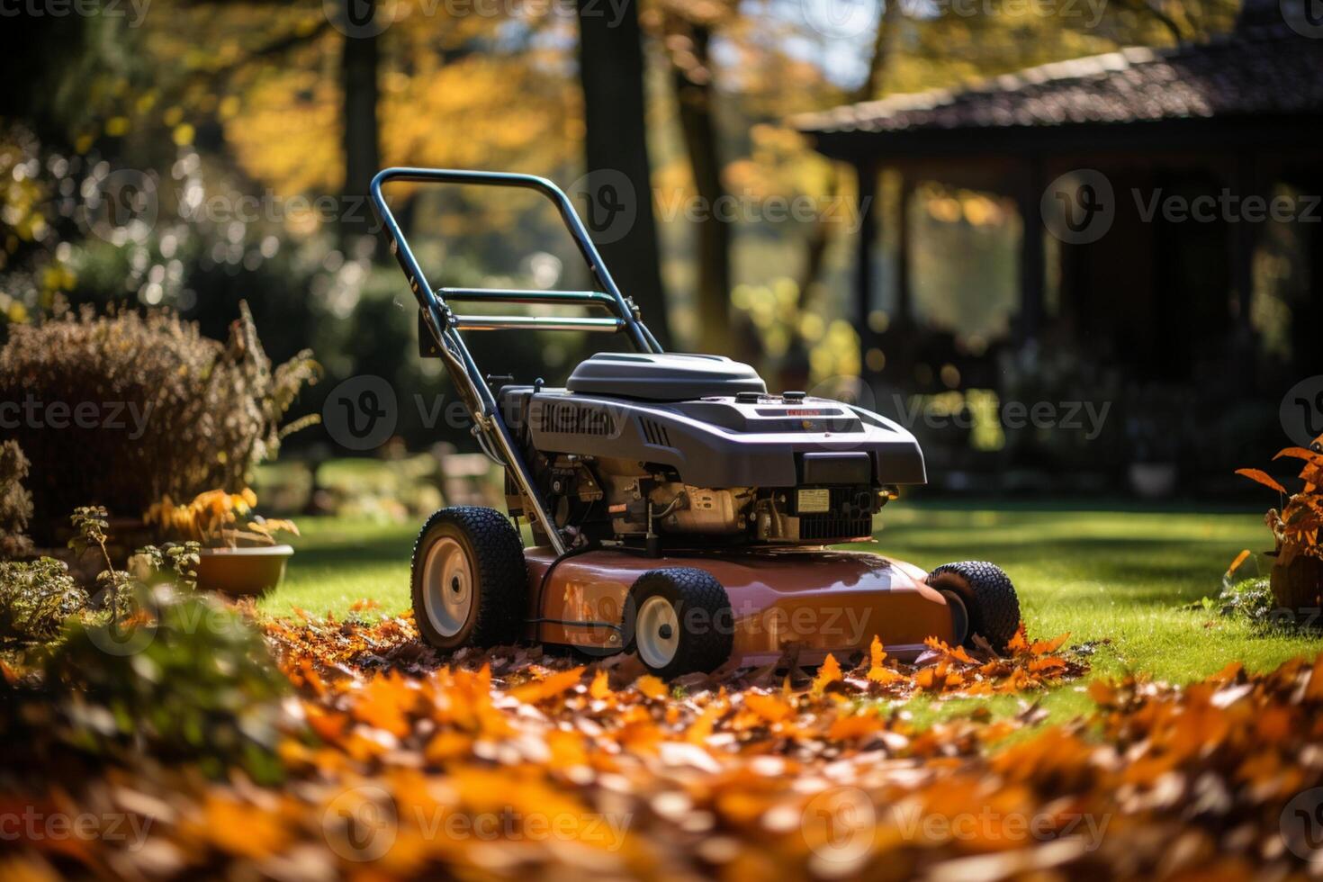 Aufrechterhaltung ein gepflegt Garten durch entfernen Blätter und Gras im fallen ai generiert foto