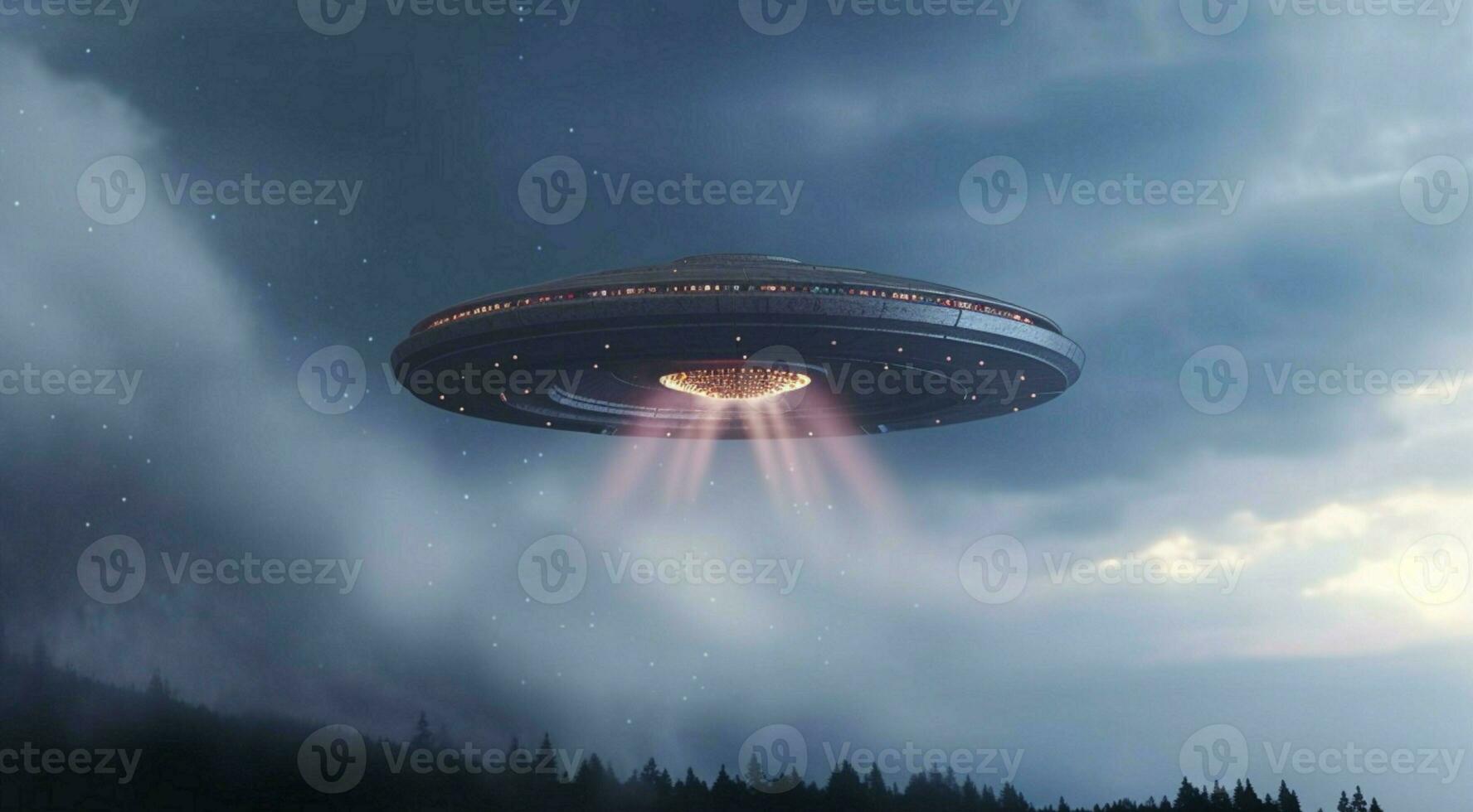 bewegungslos Außerirdischer Teller schwebt im das Himmel, ein UFO Schauspiel ai generiert foto