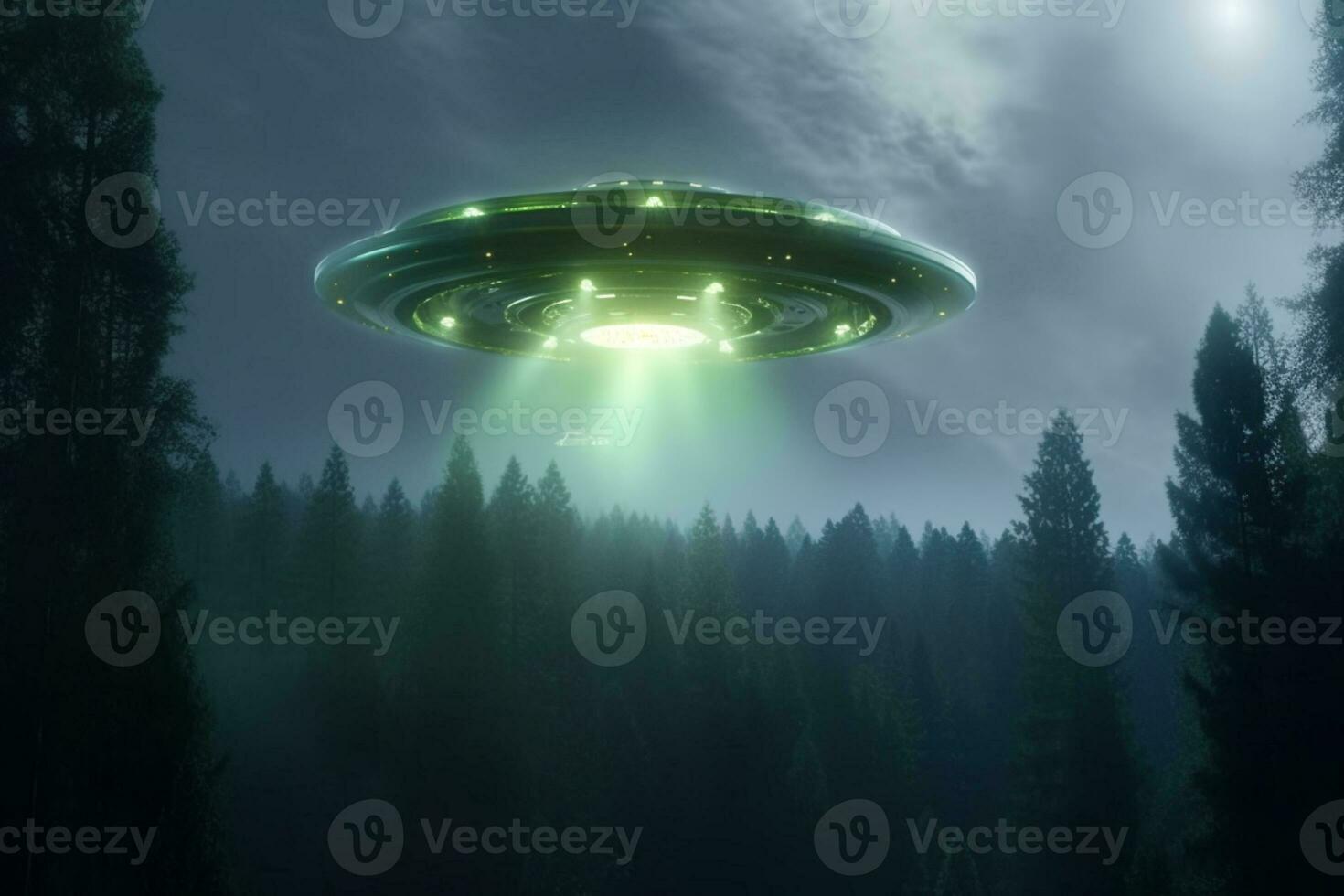 himmlisch Rendezvous, UFO Raumschiff schwebt im Nacht Himmel, Grün Außerirdischer durch Wald ai generiert foto