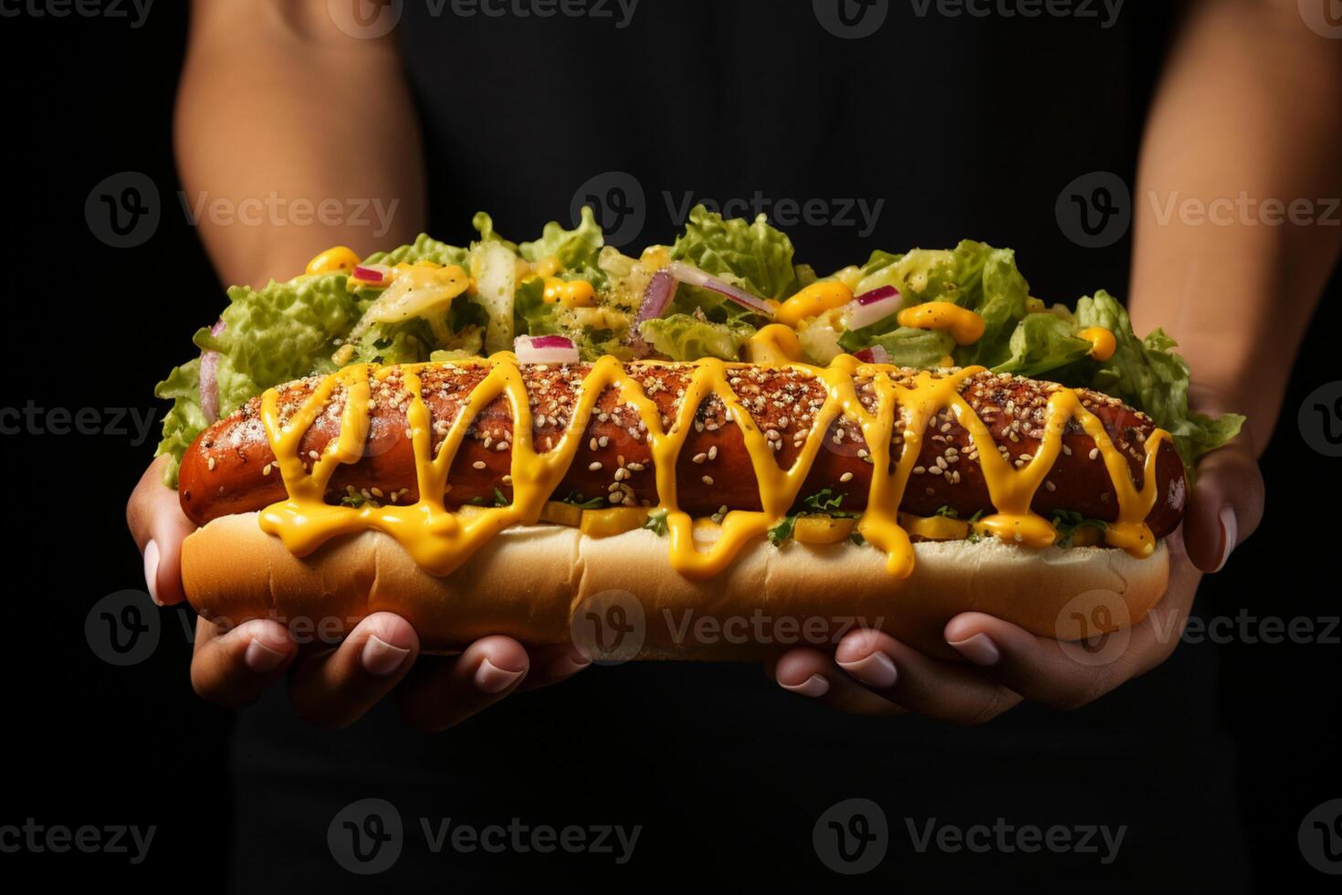 Senf Freude, Nahansicht von ein Erwachsene Hand halten ein mit Senf bedeckt heiß Hund ai generiert foto