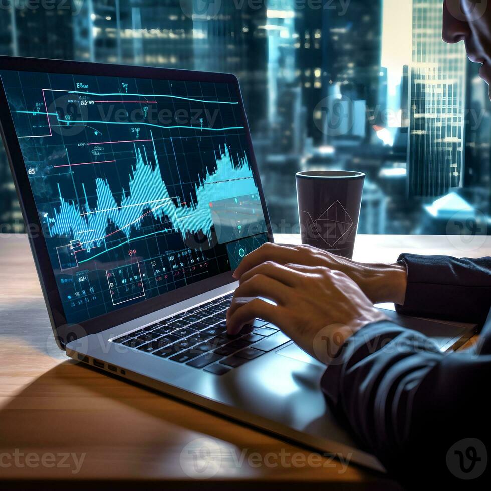 Geschäftsmann mit Laptop im ein Büro mit Analyse Daten auf Bildschirm generieren ai foto