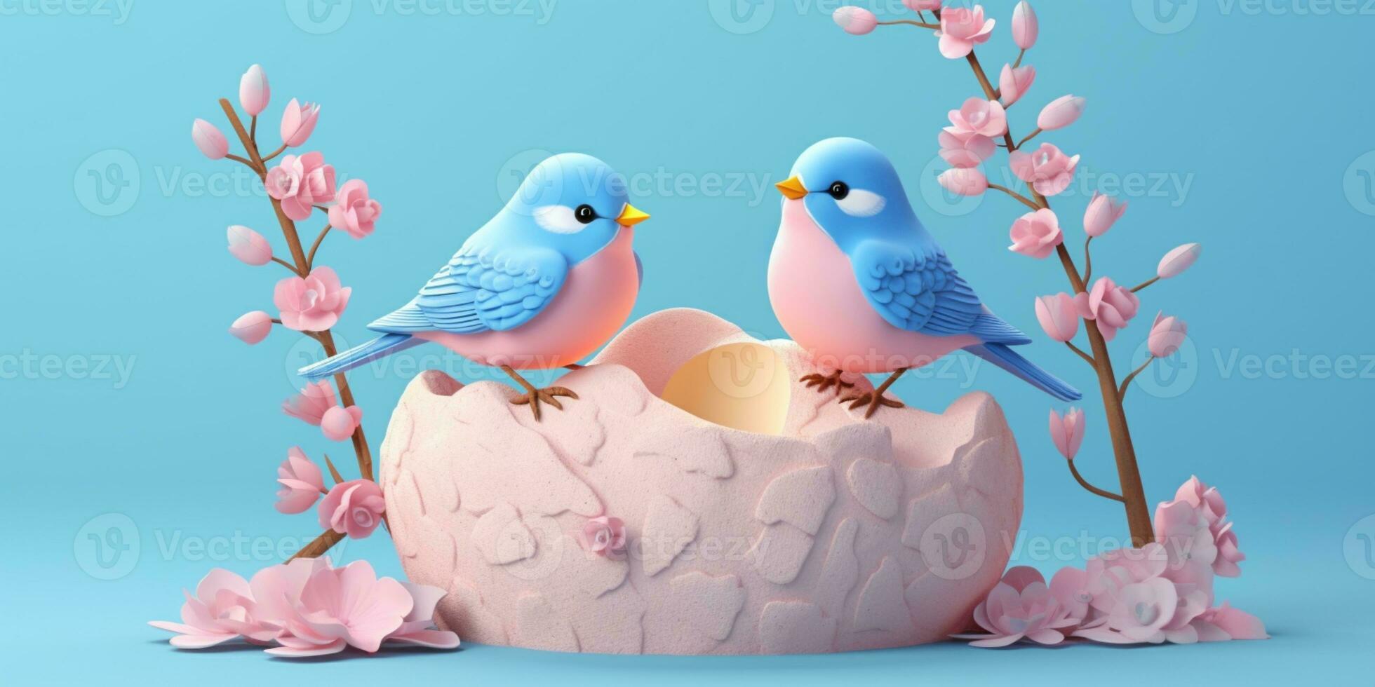 Paar Blau Vogel auf Baum Tunk Tier Karikatur Animation, ai generiert foto