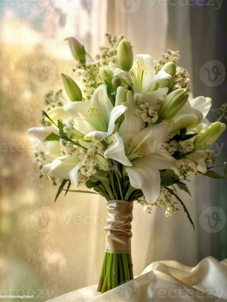 Elfenbein Hochzeit Strauß Blume auf verschwommen Fenster Hintergrund. ai generiert foto