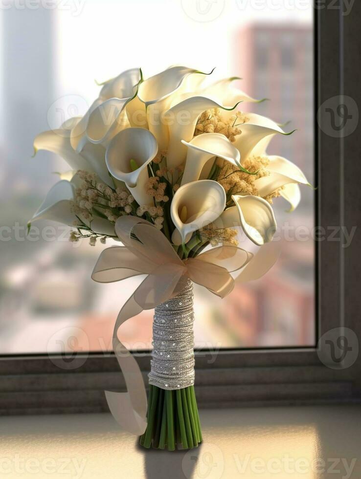 Calla Lilie Hochzeit Strauß Blume auf verschwommen Fenster Hintergrund. ai generiert foto