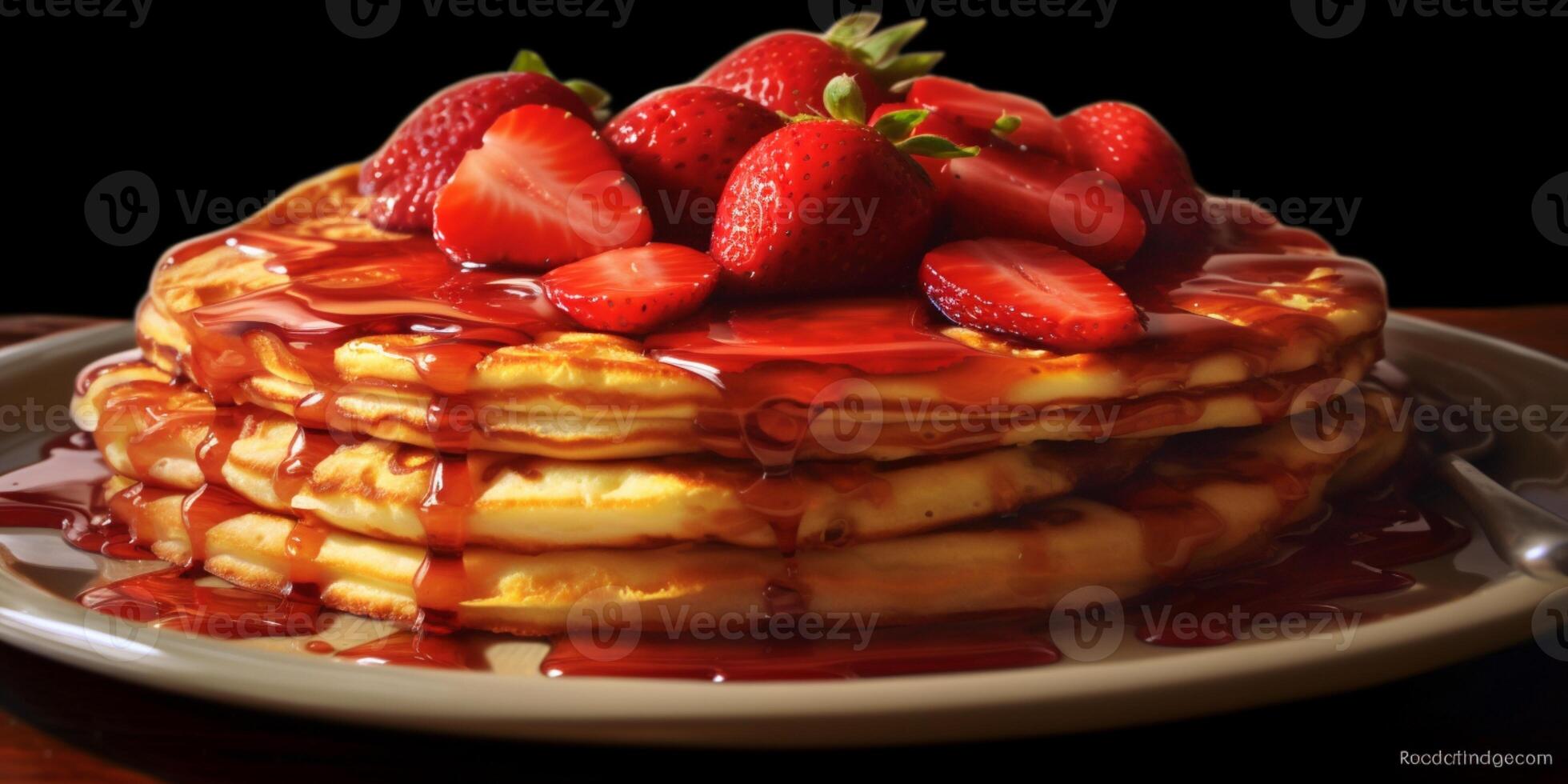 Erdbeere Pfannkuchen Torte verschwommen Hintergrund, ai generierenund foto