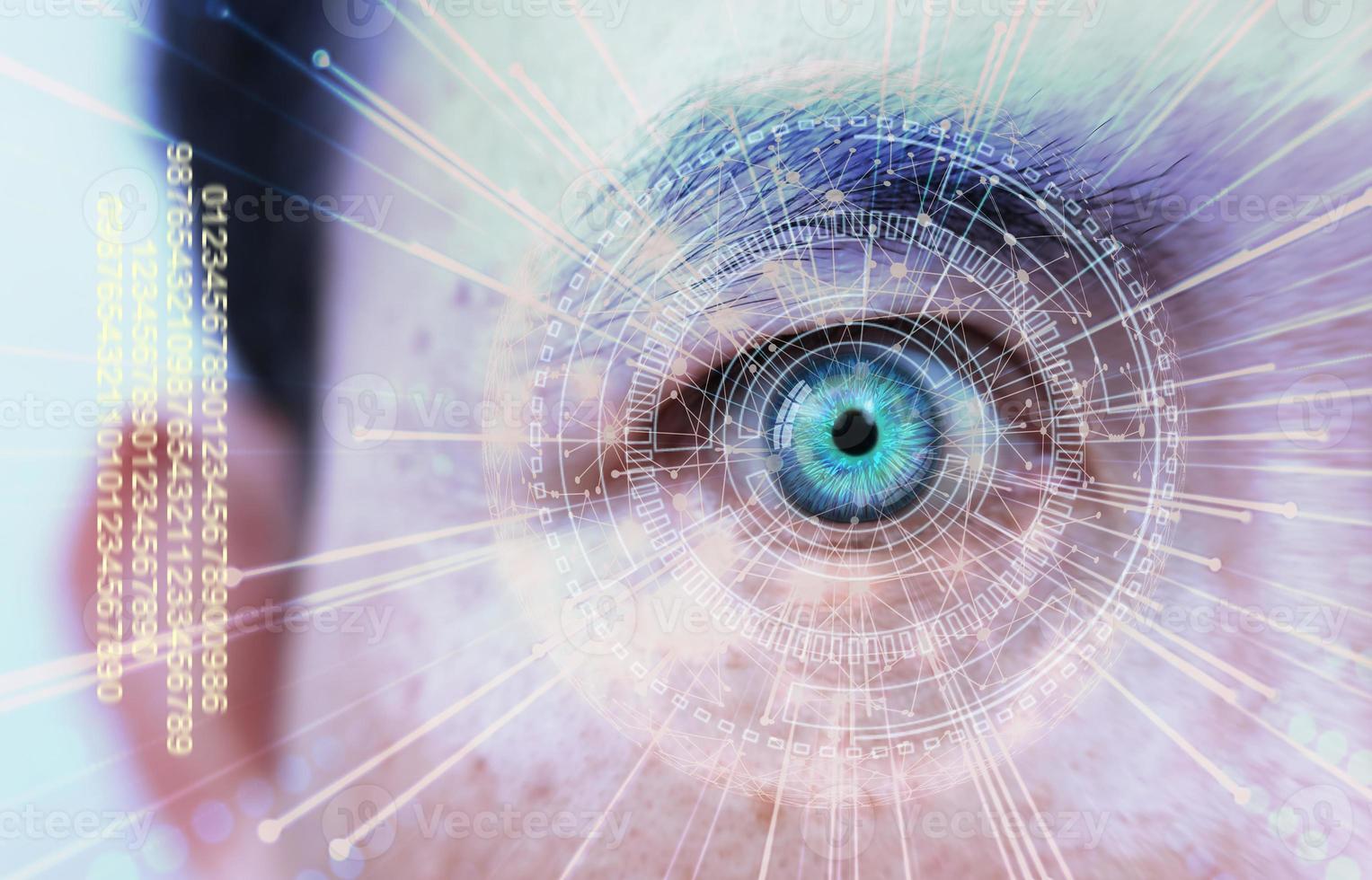 Human Eye und Hightech-Konzept, Screening von Big Data und Digital Transformation Technologiestrategie, Digitalisierung von Geschäftsprozessen und Daten foto