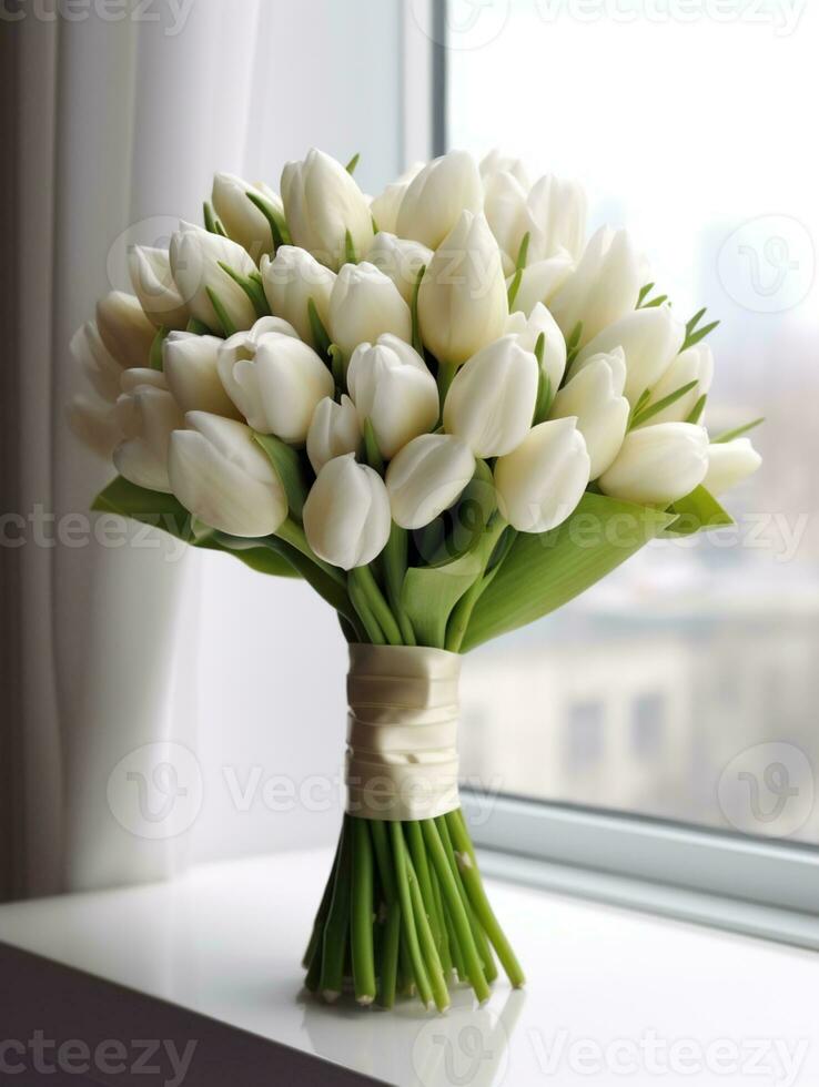 Weiß Tulpe Hochzeit Strauß Blume auf verschwommen Fenster Hintergrund. ai generiert foto