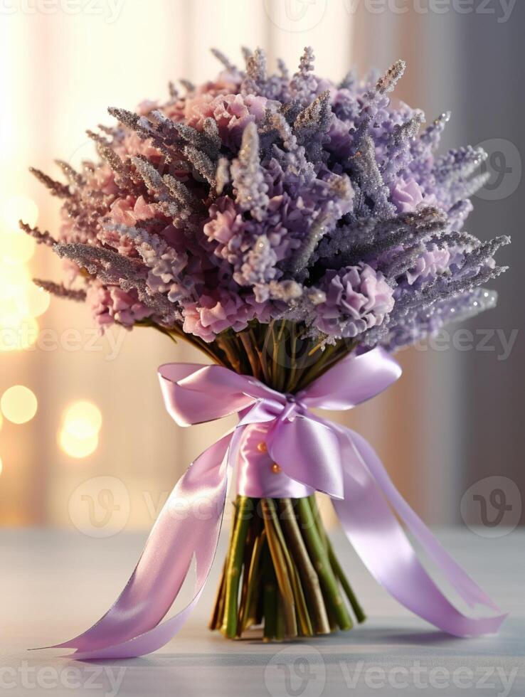 Lavendel Blume Hochzeit Strauß verschwommen Fenster Hintergrund. ai generiert foto