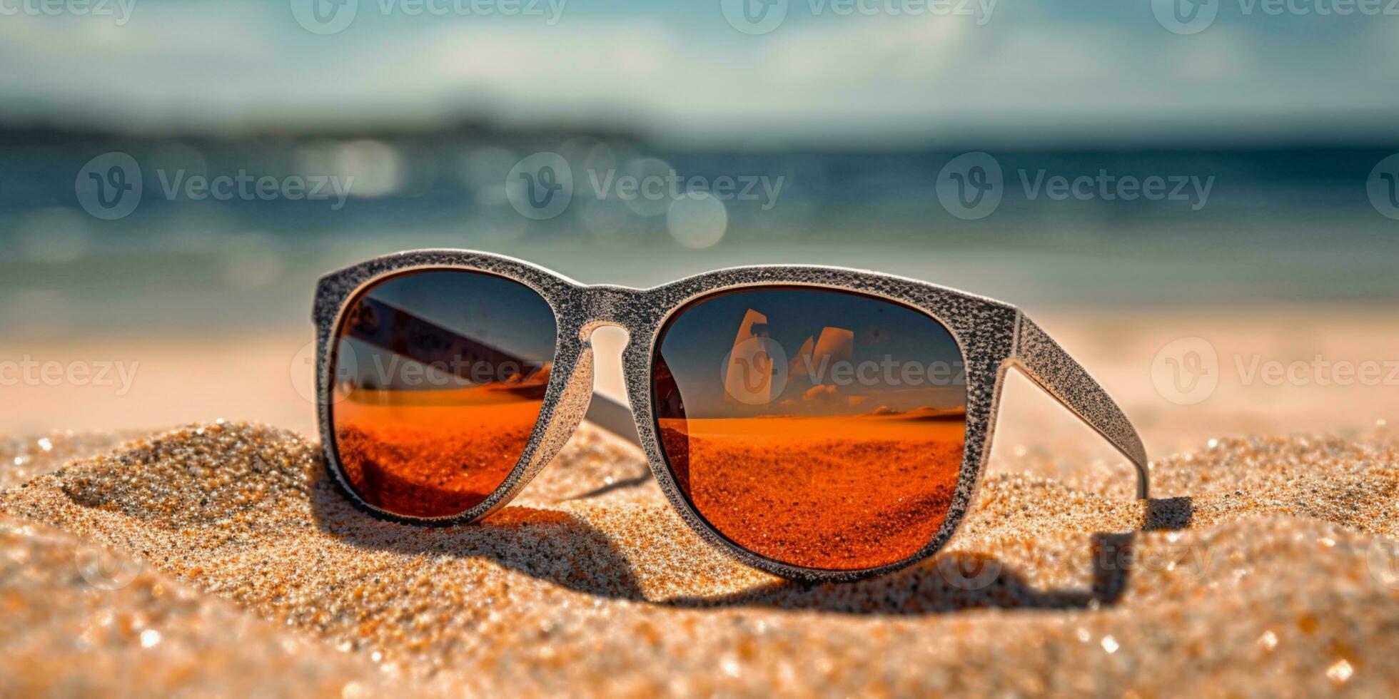 Sonnenbrille auf Sand Strand Urlaub Hintergrund. ai generiert foto