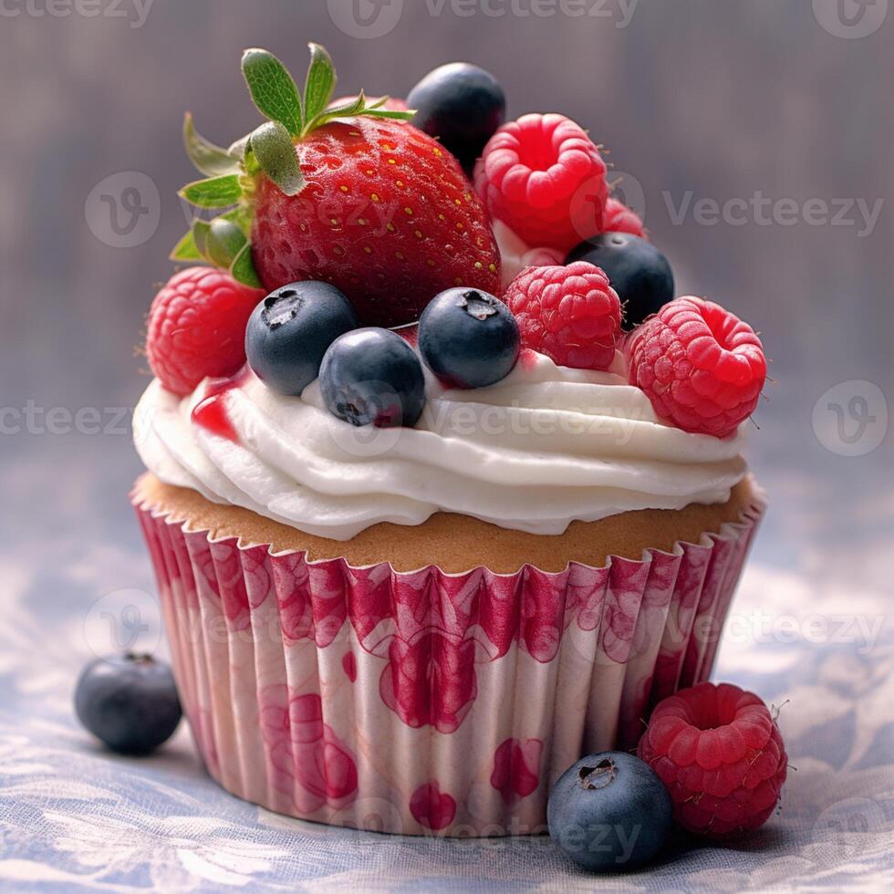 Cupcake Beere Sahne Snack Tee Zeit. ai generiert foto