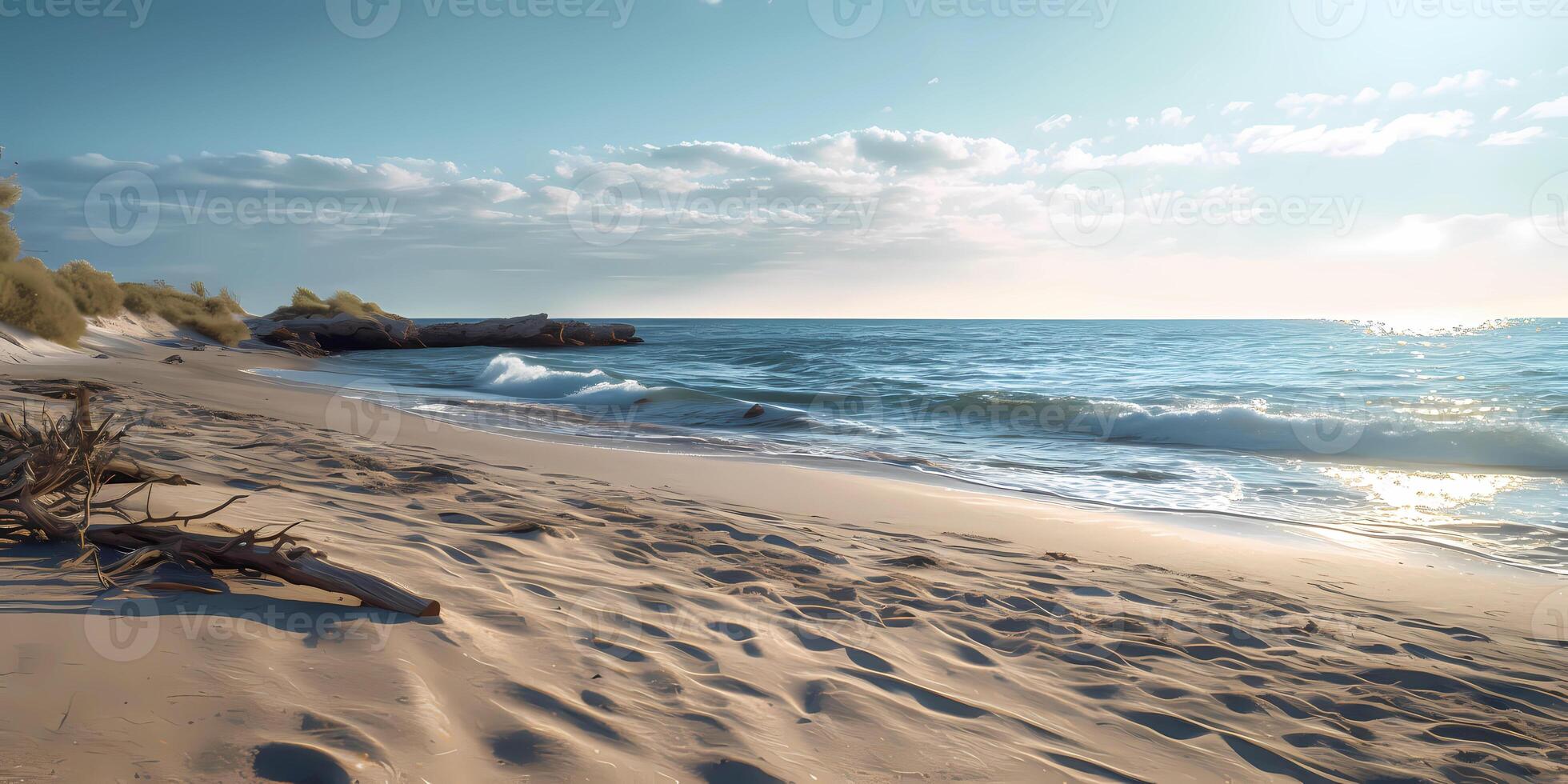 Sand Strand und Blau Himmel, Umgebung thematisch, ai generiert foto