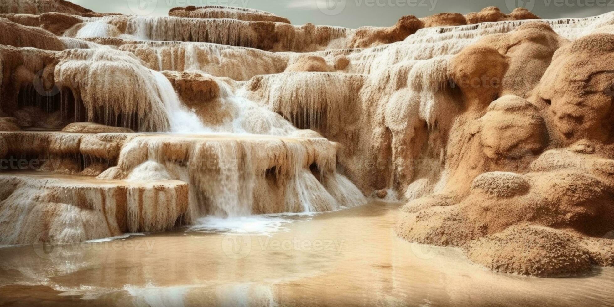 Travertin Wasserfall und Stein Felsen Hintergrund, ai generiert foto