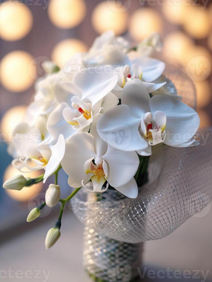 Weiß Orchidee Hochzeit Strauß Blume auf verschwommen Fenster Hintergrund. ai generiert foto