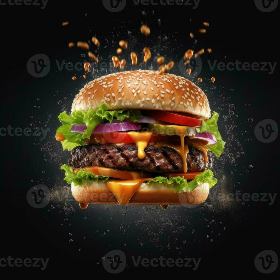 fallen frisch lecker Burger auf schwarz Hintergrund mit Ketchup Spritzen. generativ ai foto