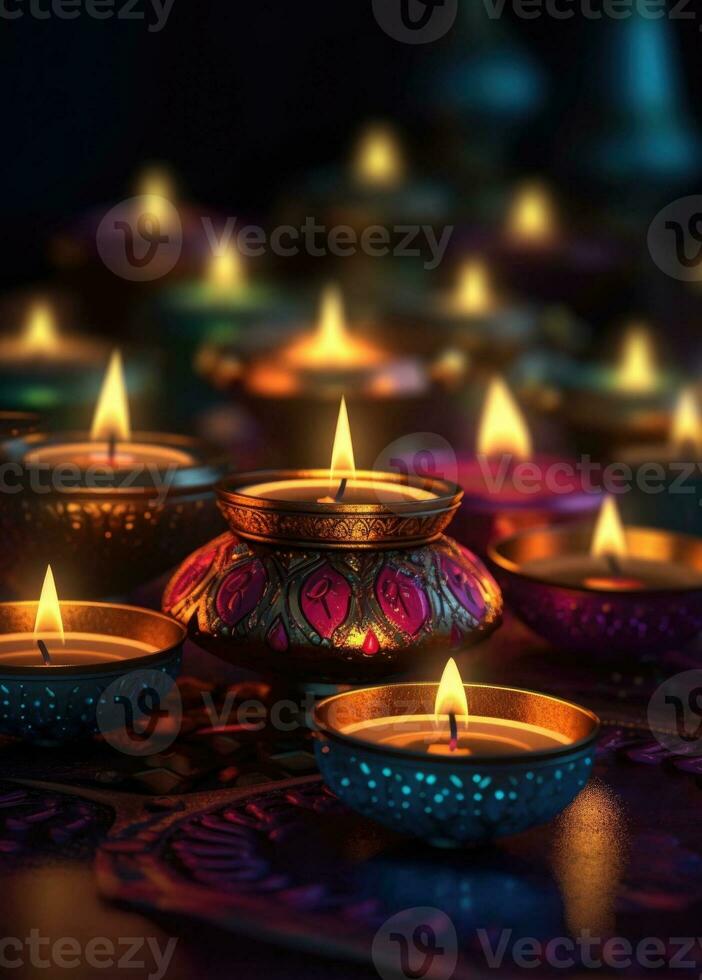 Gruppe von Diwali zündete Lampen auf ein Tabelle auf ein dunkel Tag. generativ ai foto