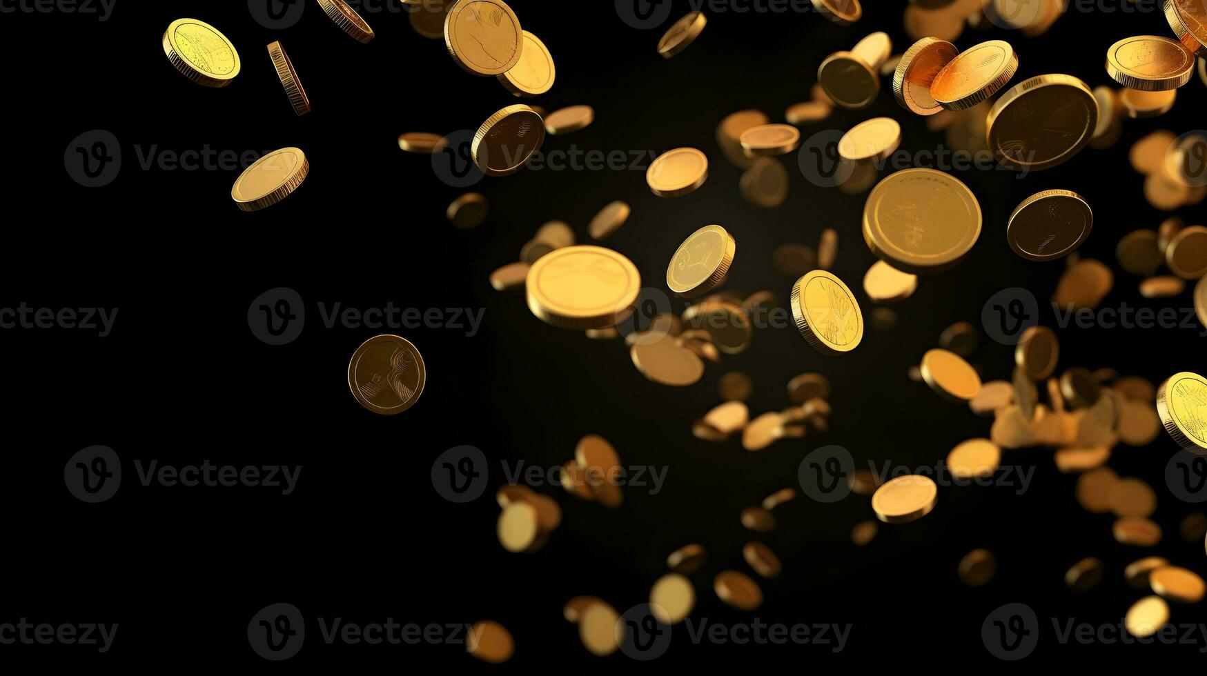 Gold Münzen fallen von das oben auf schwarz Hintergrund. generativ ai foto