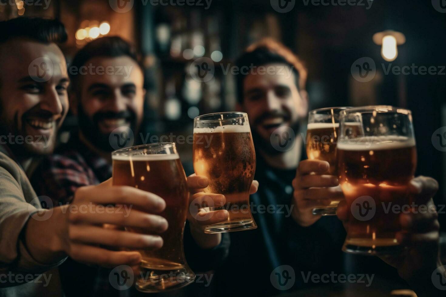 Gruppe von Menschen Trinken Bier zusammen. generativ ai foto