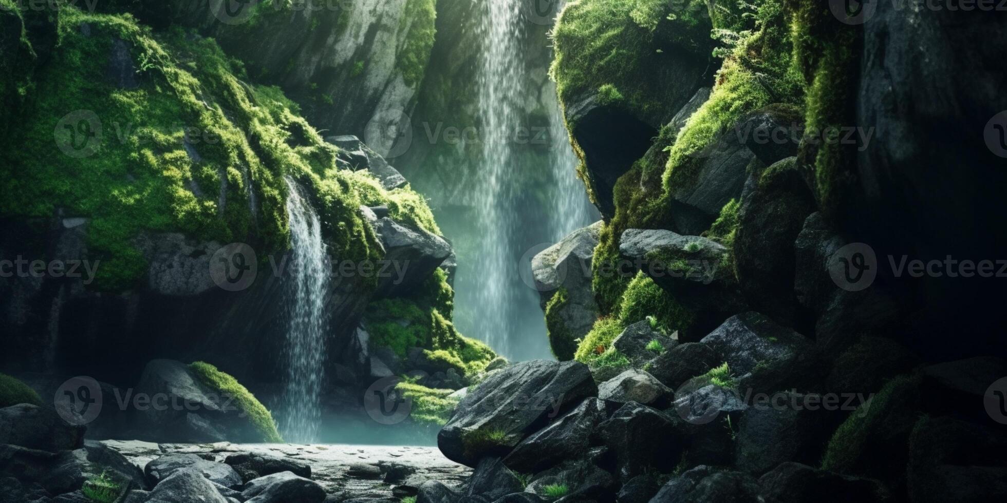 Wasserfall und Stein Kopieren Raum verschwommen Hintergrund, ai generiert foto