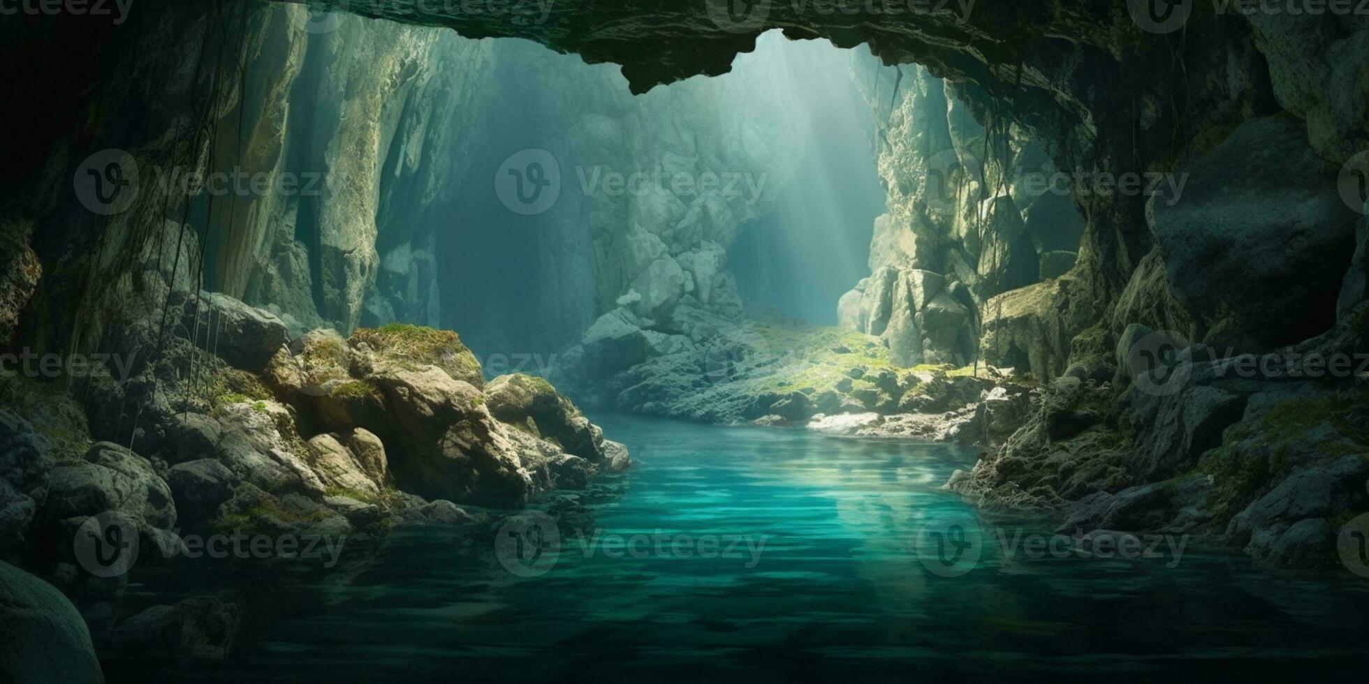 Höhle und Wasser verschwommen Hintergrund, ai generierenund foto
