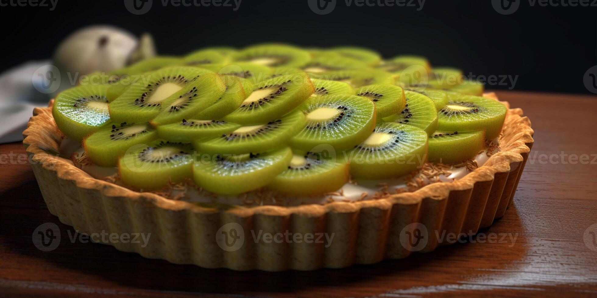 Kiwi Obst Kuchen Torte verschwommen Hintergrund, ai generierenund foto