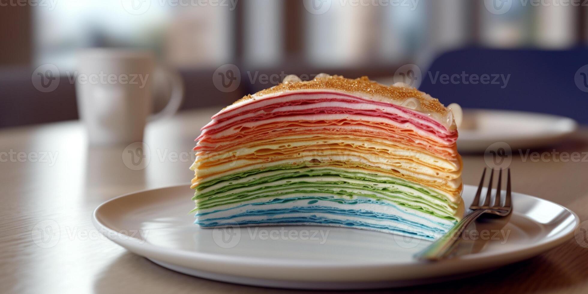 Regenbogen Mühlen Crepes mit Sahne Aromen. ai generiert foto