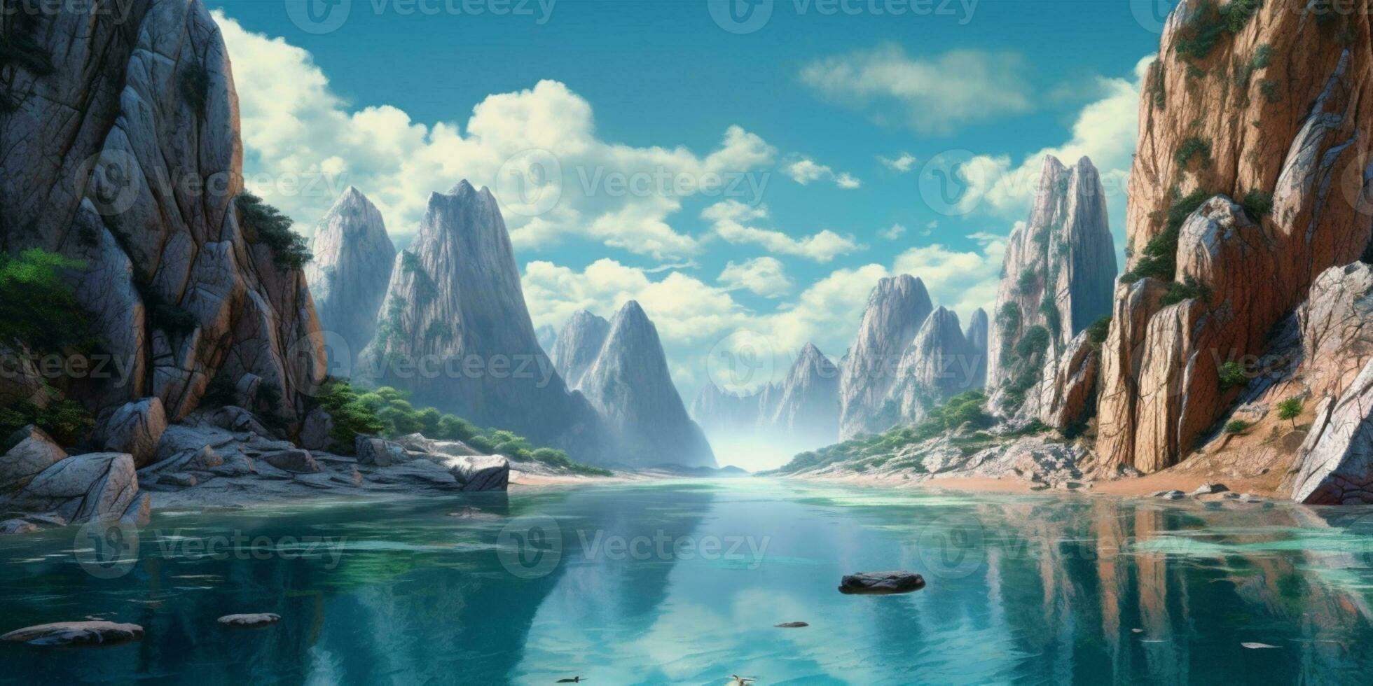 Berg Karst mit Wasser, Schlucht, sauber Himmel Hintergrund. ai generiert foto