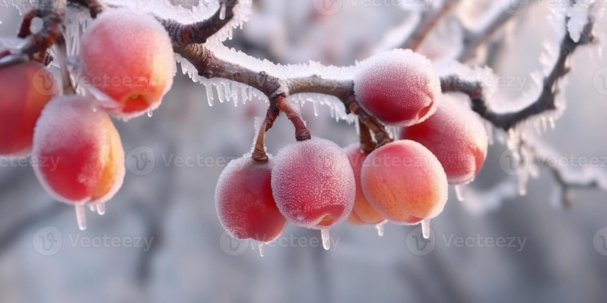 Eis Sturm Bäume und Beere Obst einfrieren im Winter, ai generiert foto