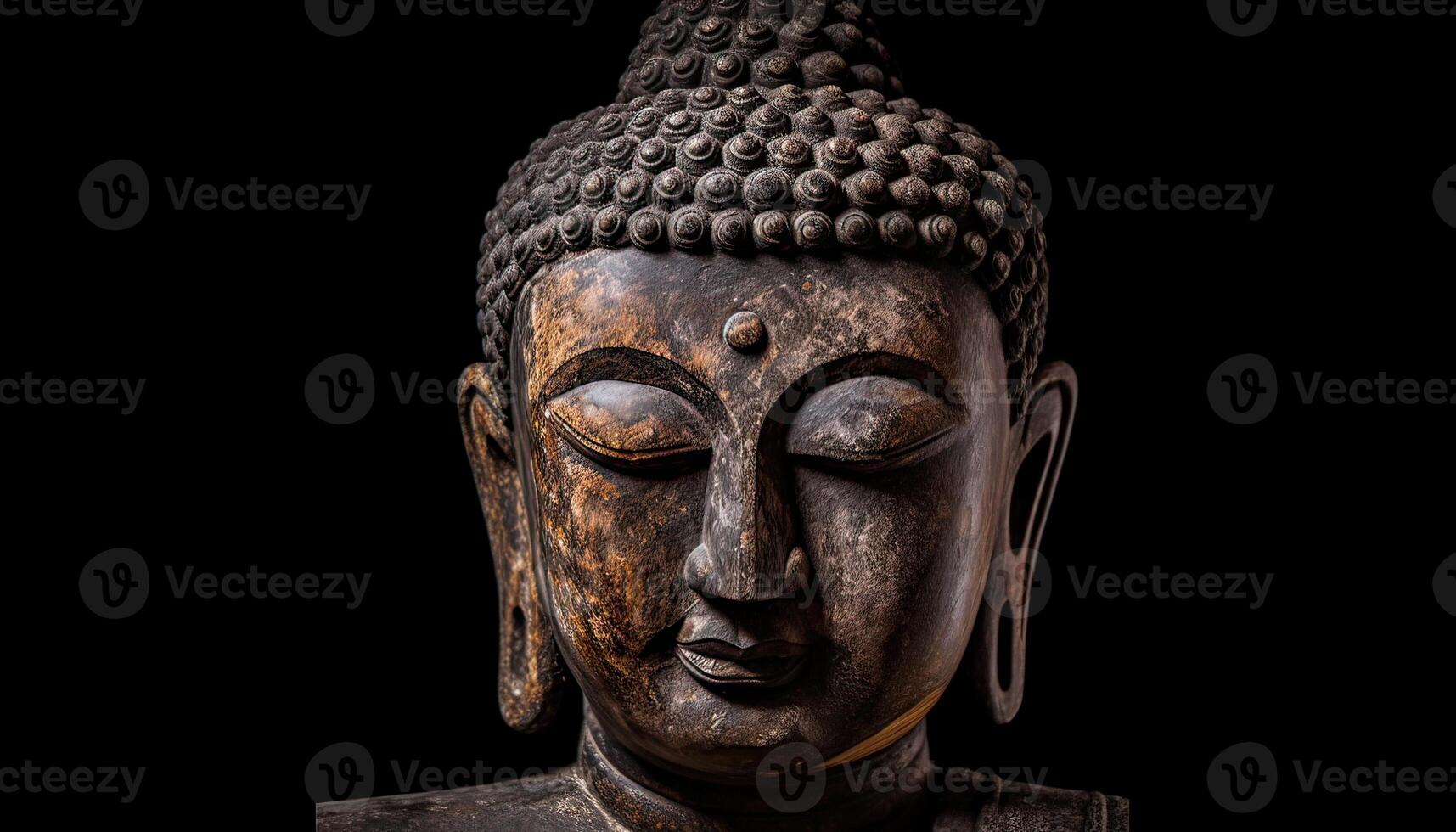 generativ ai Illustration von Felsen und hölzern Buddha Statue auf schwarz Hintergrund foto