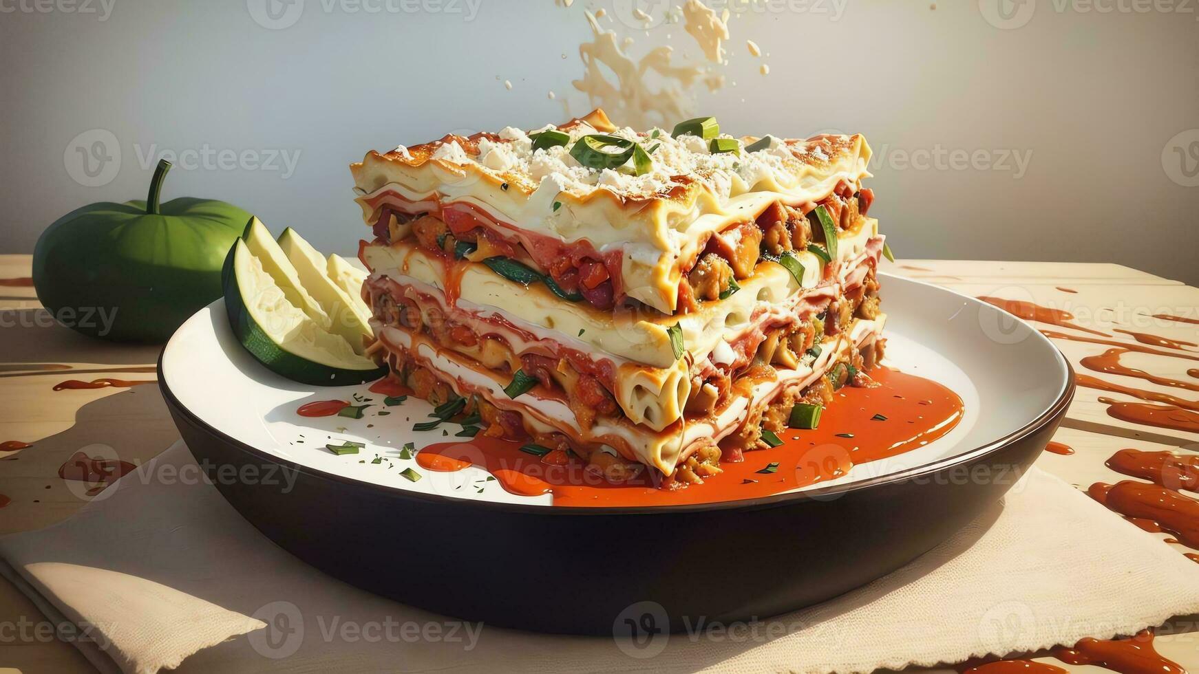 beschwingt und aromatisch modern Illustration von Zucchini im ein köstlich Lasagne. ai generiert. foto