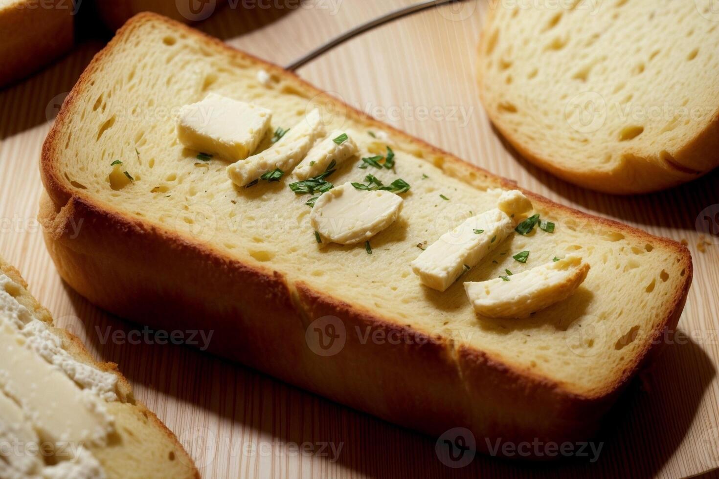 golden Freude feiern das unwiderstehlich Knoblauch Brot. ai generiert. foto