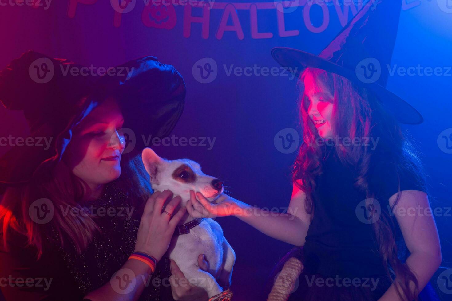 zwei Halloween Hexen Herstellung Magie mit Hund Jack Russell Terrier im Halloween Nacht. Magie, Ferien und Mystiker Konzept. foto