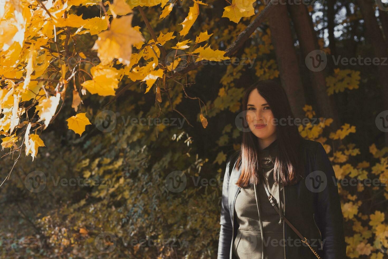 asiatisch Brünette Frau Stehen im ein Park im Herbst. fallen und Jahreszeit Konzept. foto