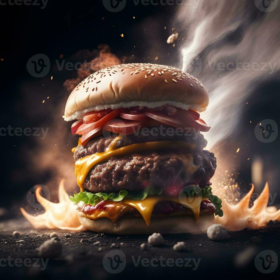 Foto Hamburger und Feuer generativ ai